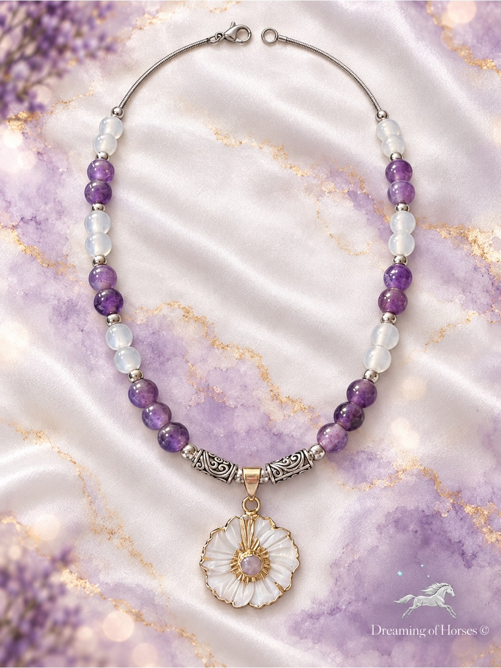 Hand Crafted Purple Amethyst & White Moonstone Necklace with Gold Flower Pendant